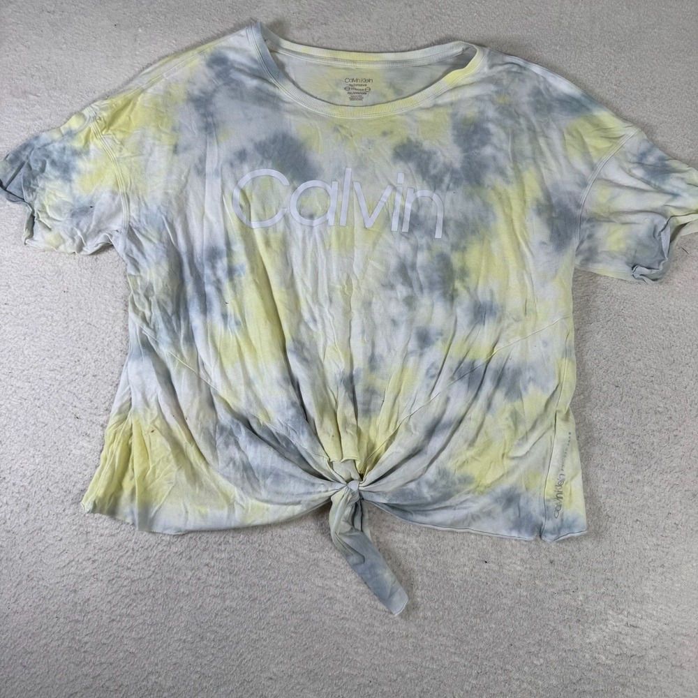 Calvin Klein Performance Tee Womens XXL Yellow Gray Tie Dye Good Logo Knot Front